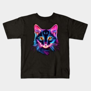 Neon Cat Face in colorful neon pink and neon blue Kids T-Shirt